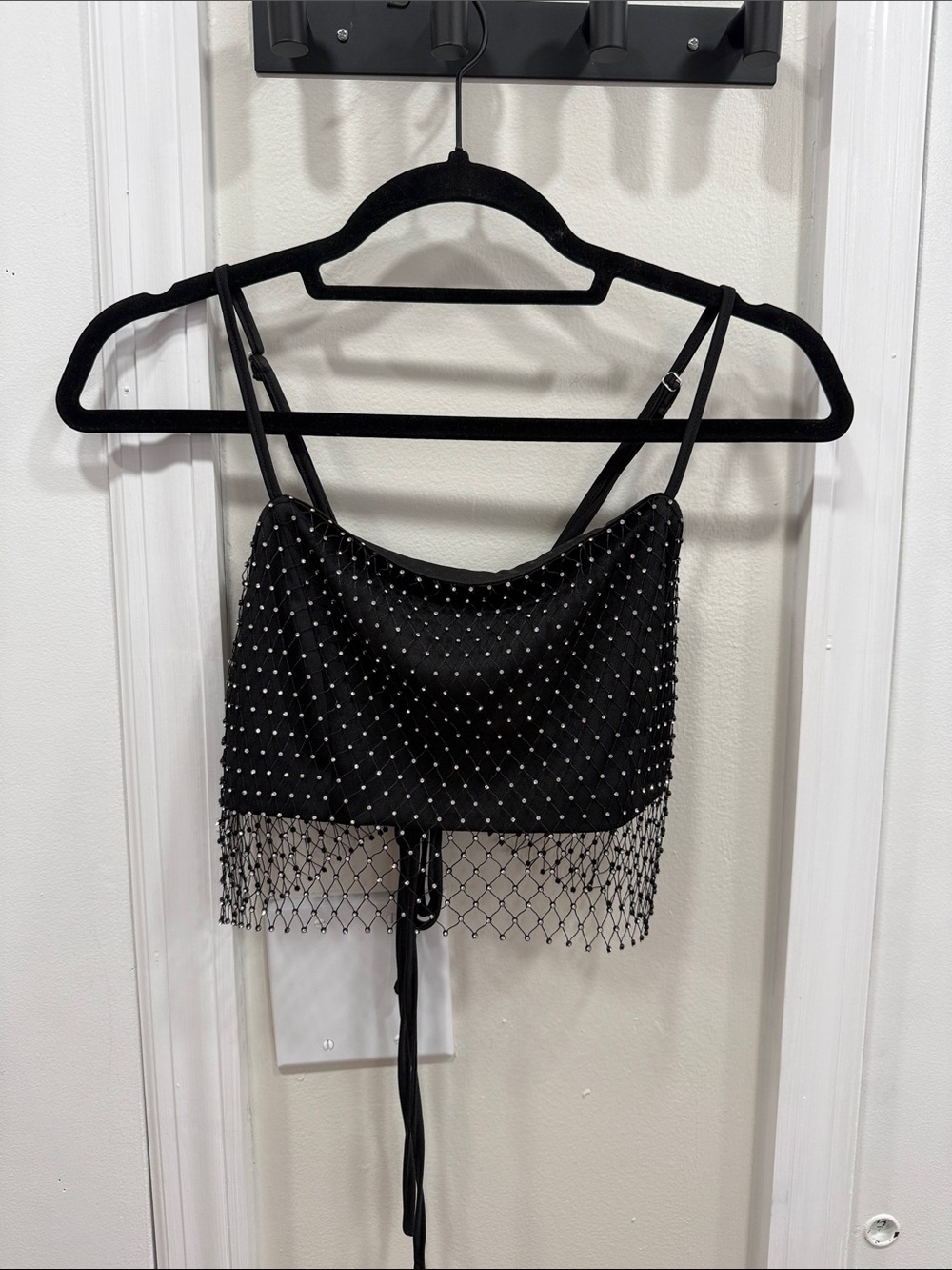 Black Jeweled Mesh-Hem Cropped Camisole